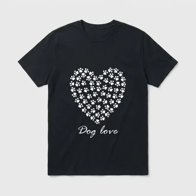 Hund Dog mom T-Shirt – Herzform aus weißen Pfotenabdrücken mit der Aufschrift Dog love – Klassisches T-Shirt in Schwarz