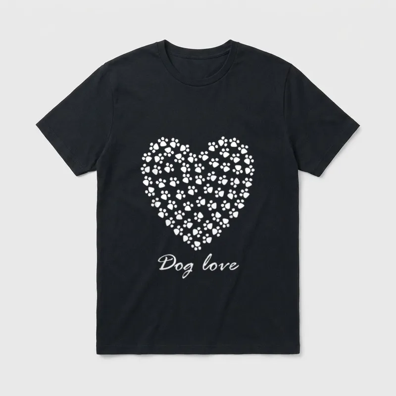 Hund Dog mom T-Shirt – Herzform aus weißen Pfotenabdrücken mit der Aufschrift Dog love – Klassisches T-Shirt in Schwarz