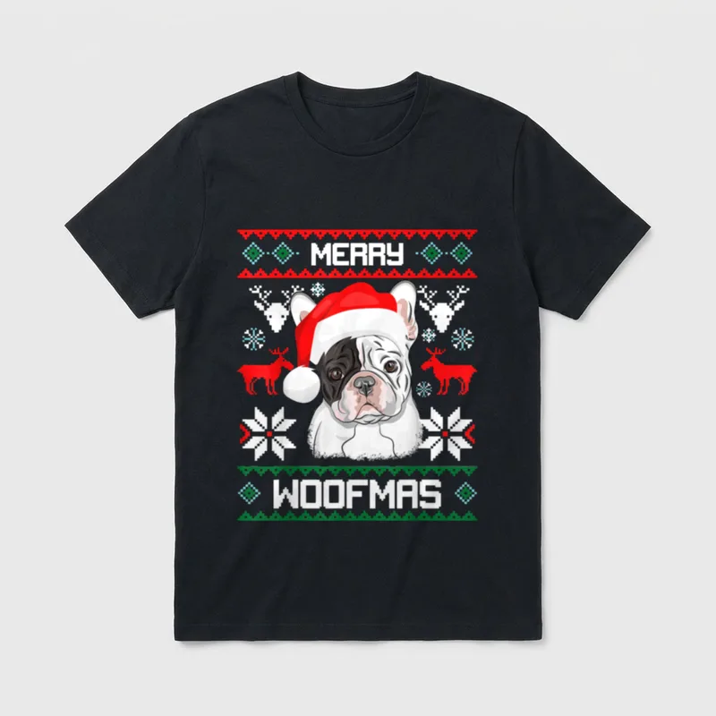 Französische Bulldogge Merry Woofmas T-Shirt – Klassisches T-Shirt in Schwarz