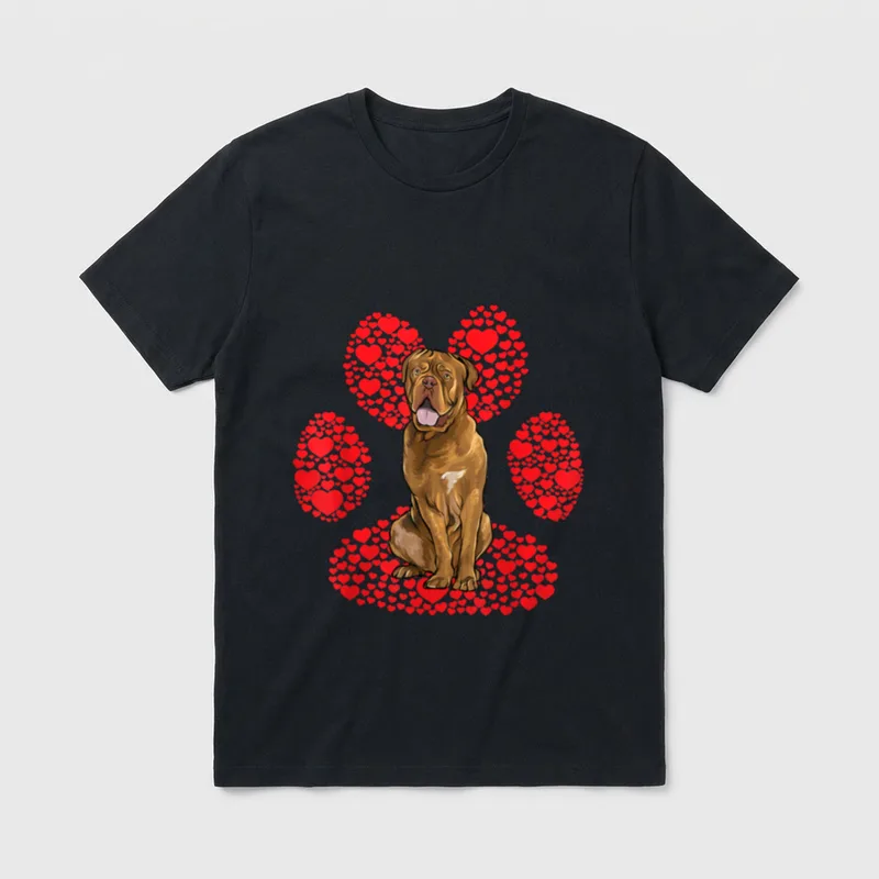 Bordeauxdoggen Valentinstag Pfote T-Shirt – Sitzender Bordeauxdoggen vor roter Herzpforte – Klassisches T-Shirt in Schwarz