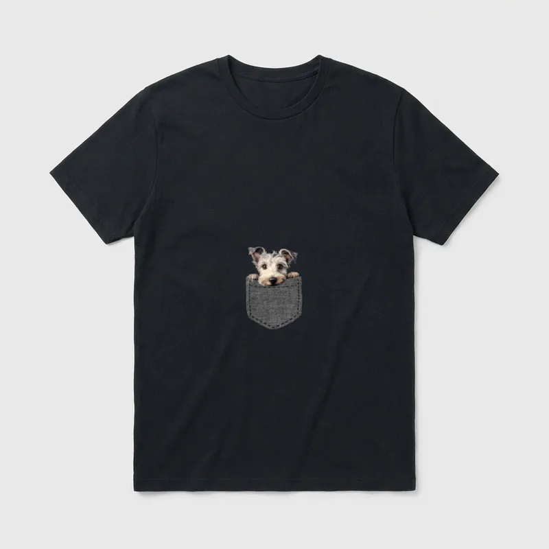 Hund in Brusttasche Pumi T-Shirt – Drahthaariger Hund schaut aus grauem Denim-Fach hervor – Klassisches T-Shirt in Schwarz