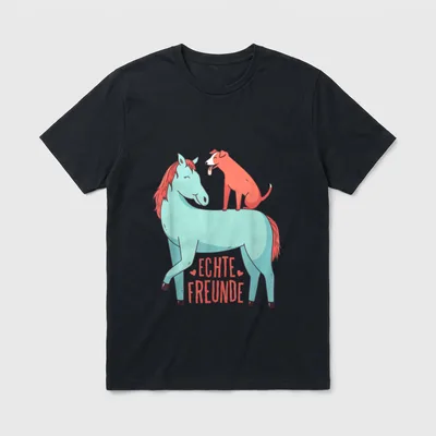 Echte Freunde Hund T-Shirt – Pferd mit sitzendem Hund und Text ECHTE FREUNDE – Klassisches T-Shirt in Schwarz