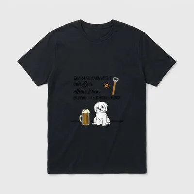 Hunde und Bier Liebhaber T-Shirt – Spruch mit flauschigem Hund, Bierkrug und Flaschenöffner – Klassisches T-Shirt in Schwarz