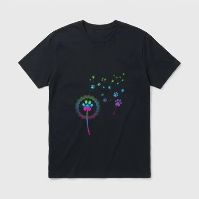 Hunde Motive für Hunde T-Shirt – Bunte Dandelion mit Hundepfoten als fliegende Samen – Klassisches T-Shirt in Schwarz