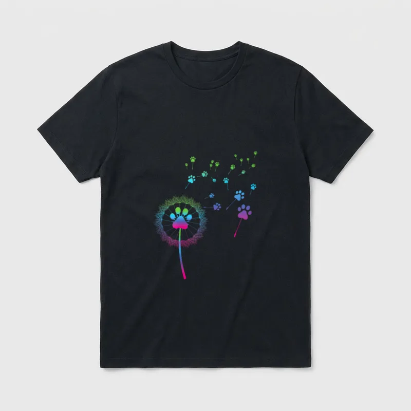 Hunde Motive für Hunde T-Shirt – Bunte Dandelion mit Hundepfoten als fliegende Samen – Klassisches T-Shirt in Schwarz