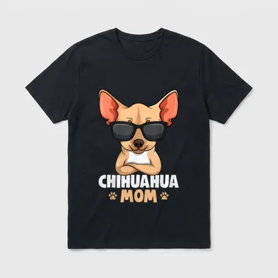 Chihuahua Mom Hunde Mama T-Shirt – Cartoon Chihuahua mit Sonnenbrille und Text CHIHUAHUA MOM – Klassisches T-Shirt in Schwarz