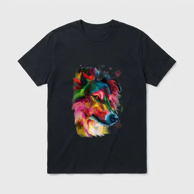 Sheltie Shetland Sheepdog T-Shirt – Abstraktes, buntes Porträt eines Shelties im Spritzstil – Klassisches T-Shirt in Schwarz