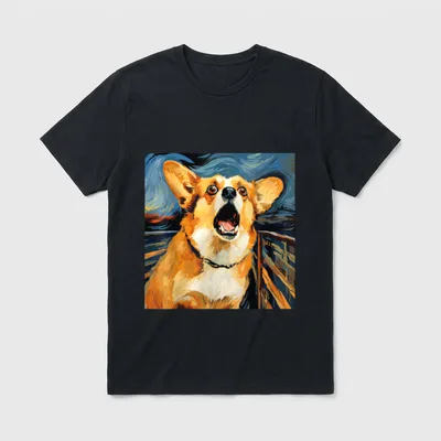 Corgi Der Schrei T-Shirt – Dramatischer schreiender Corgi vor blauem Hintergrund – Klassisches T-Shirt in Schwarz
