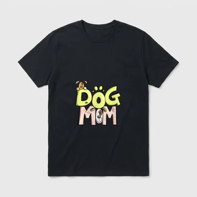 Dog Mom I Hunde T-Shirt – Bunter DOG MOM Schriftzug mit zwei Cartoon-Hunden in Gelb und Rosa – Klassisches T-Shirt in Schwarz