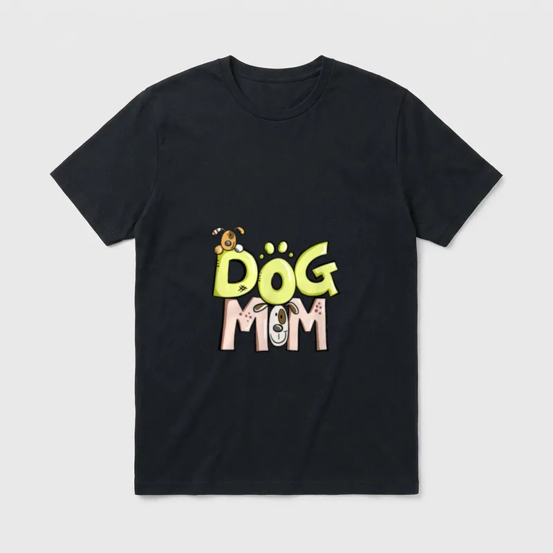 Dog Mom I Hunde T-Shirt – Bunter DOG MOM Schriftzug mit zwei Cartoon-Hunden in Gelb und Rosa – Klassisches T-Shirt in Schwarz