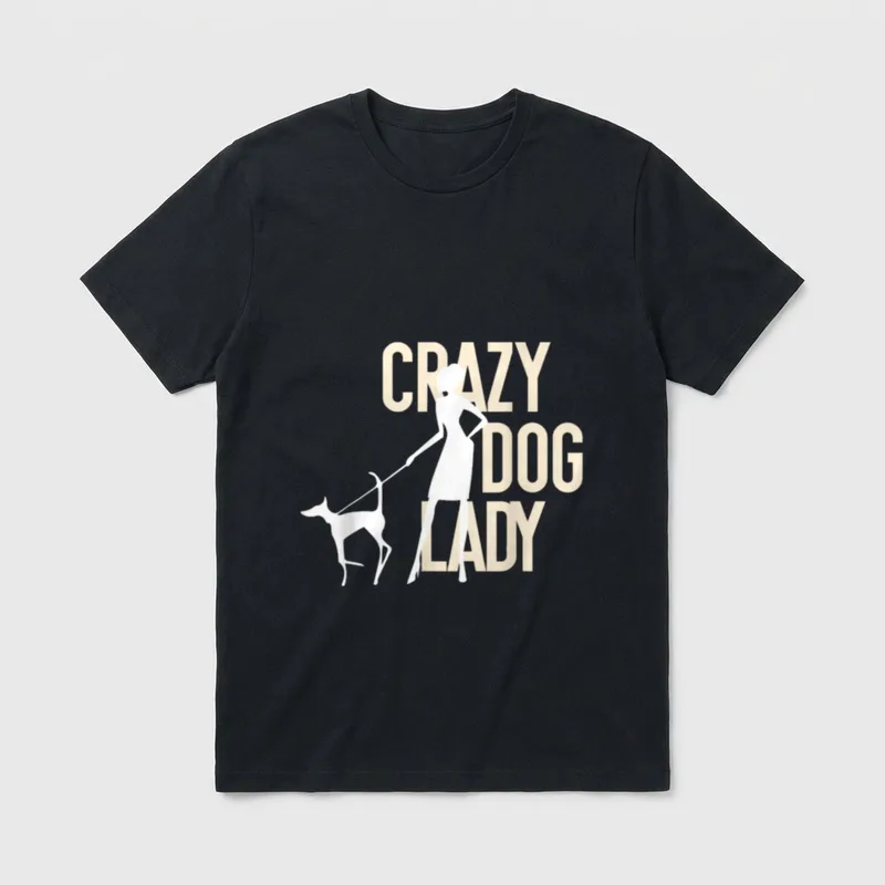 Crazy Dog Lady T-Shirt – Silhouette einer Frau mit schlankem Hund vor cremefarbenem Text – Klassisches T-Shirt in Schwarz