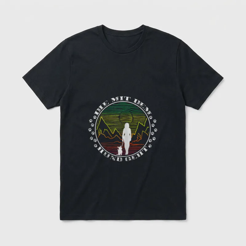 Gassi T-Shirt – Retro Kreismotiv Frau mit Hund und Pfotenabdrücke – Klassisches T-Shirt in Schwarz