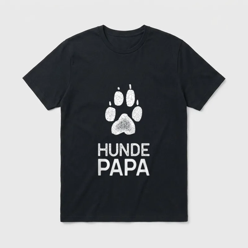 Stolzer Hunde Papa Hundebesitzer T-Shirt – Weißer Pfotenabdruck mit Herz und Text HUNDE PAPA – Klassisches T-Shirt in Schwarz
