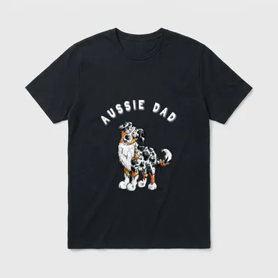 Aussie Dad T I T-Shirt – Australian Shepherd Illustration mit dem Text AUSSIE DAD darüber – Klassisches T-Shirt in Schwarz