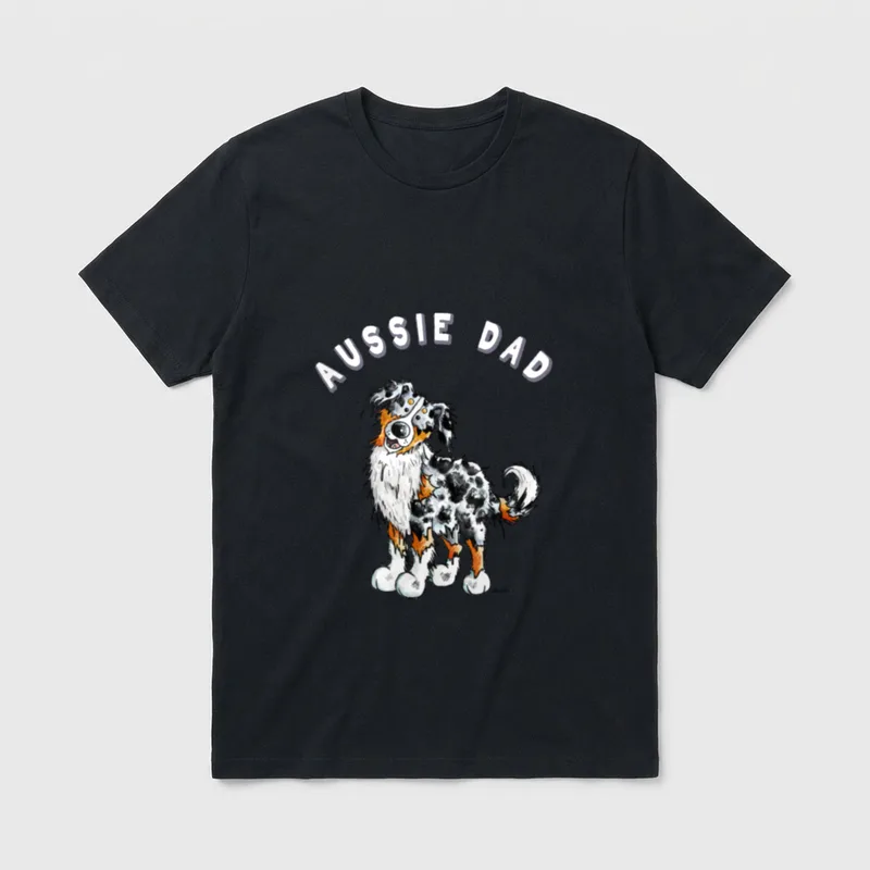 Aussie Dad T I T-Shirt – Australian Shepherd Illustration mit dem Text AUSSIE DAD darüber – Klassisches T-Shirt in Schwarz