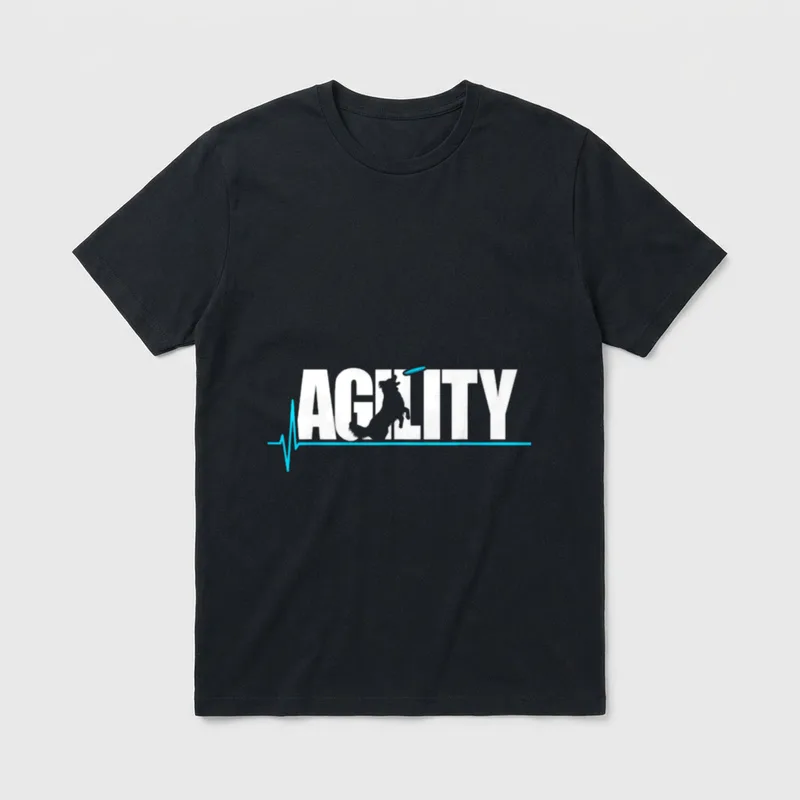 Training T-Shirt Herren – AGILITY Schriftzug mit springendem Hund und blauer Herzschlaglinie – Klassisches T-Shirt in Schwarz