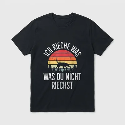 Mantrailing Ich Rieche Was T-Shirt – Suchhund-Silhouette vor buntem Vintage-Sunset mit Text – Klassisches T-Shirt in Schwarz