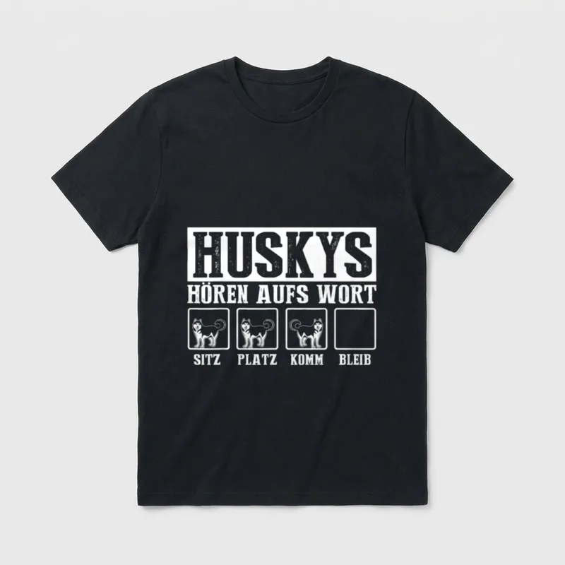 Huskys Hören Aufs Wort T-Shirt – Husky Grafik mit Sitz Platz Komm Bleib und leerem Feld – Klassisches T-Shirt in Schwarz