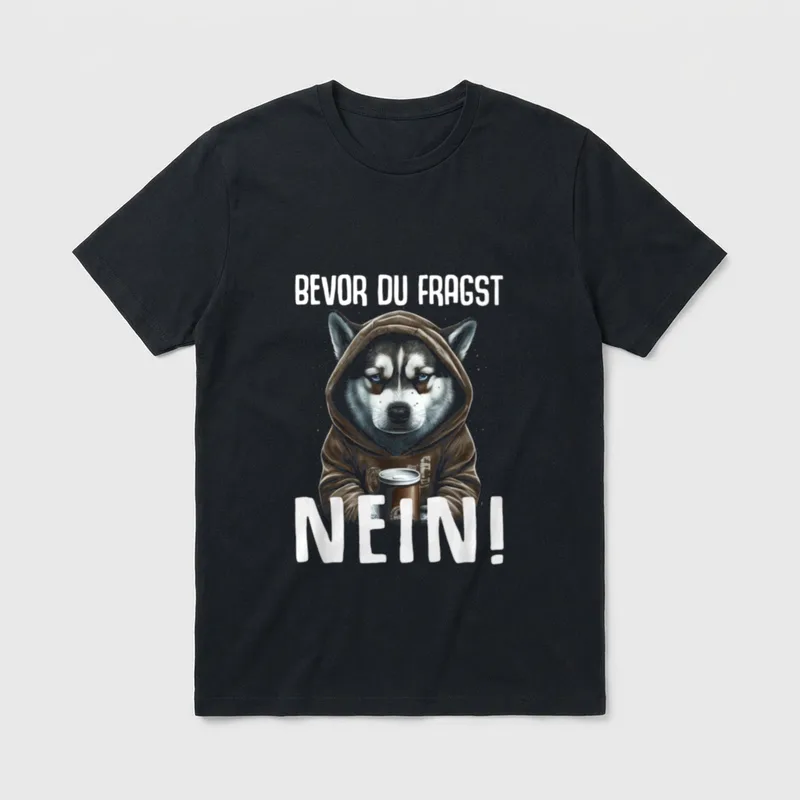 Husky Dog T-Shirt – Husky im braunen Hoodie mit Kaffeetasse und Text Bevor du fragst Nein – Klassisches T-Shirt in Schwarz