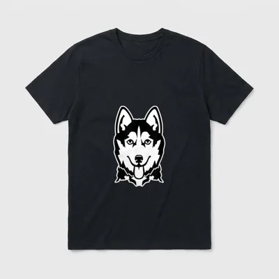 Husky T-Shirt 0036 – Grafischer schwarz-weißer Husky Kopf mit heraushängender Zunge – Klassisches T-Shirt in Schwarz