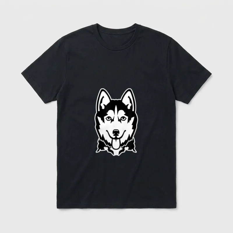 Husky T-Shirt 0036 – Grafischer schwarz-weißer Husky Kopf mit heraushängender Zunge – Klassisches T-Shirt in Schwarz