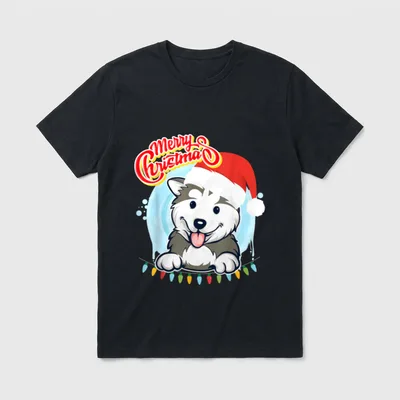 Husky Christmas Shirt – Cartoon Husky Welpen mit roter Mütze und Merry Christmas Schrift – Klassisches T-Shirt in Schwarz