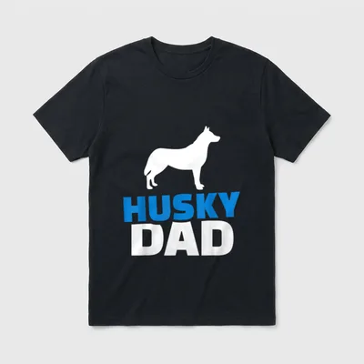 Husky Papa T-Shirt – Weißer Husky Umriss über blau-weißer HUSKY DAD Schrift – Klassisches T-Shirt in Schwarz