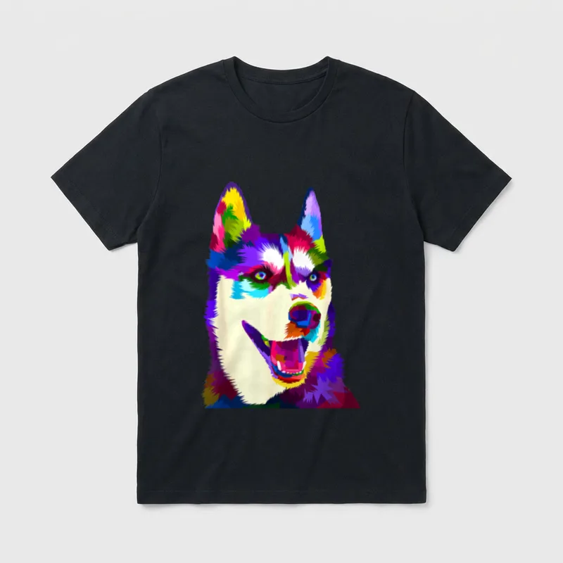 Husky buntes Pop Art Porträt T-Shirt – Klassisches T-Shirt in Schwarz