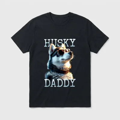 Husky Daddy Papa Dad T-Shirt – Siberian Husky mit Sonnenbrille und Text HUSKY DADDY – Klassisches T-Shirt in Schwarz
