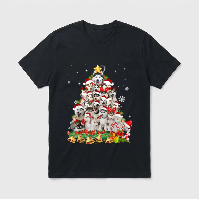 Siberian Husky Weihnachten Baumlichter T-Shirt – Klassisches T-Shirt in Schwarz
