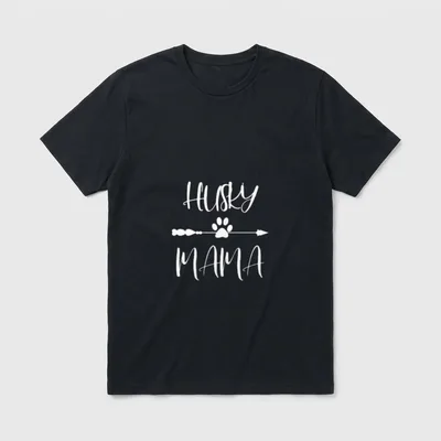 Husky Siberian Husky Mama T-Shirt – Schriftzug Husky Mama mit Pfotenabdruck auf einem Pfeil – Klassisches T-Shirt in Schwarz