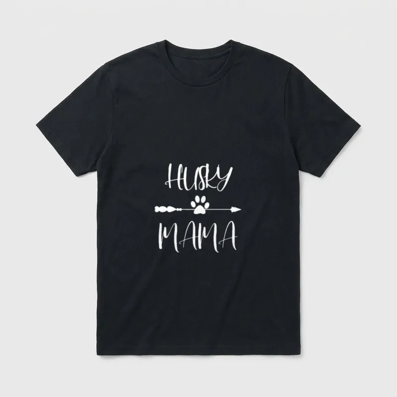 Husky Siberian Husky Mama T-Shirt – Schriftzug Husky Mama mit Pfotenabdruck auf einem Pfeil – Klassisches T-Shirt in Schwarz