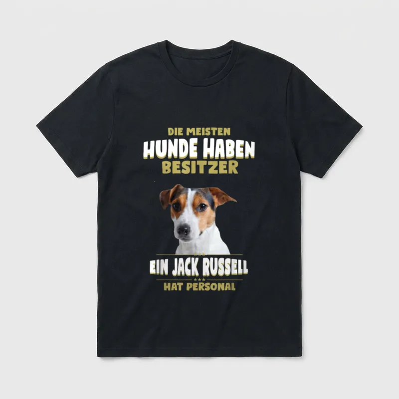 Jack Russell Terrier Jack T-Shirt 0010 – Jack Russell Terrier Kopf mit Text über Personal – Klassisches T-Shirt in Schwarz