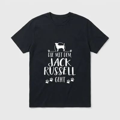 Die mit dem Jack T-Shirt – Weiße Jack Russell Silhouette und Schriftzug mit Pfotenabdrücken – Klassisches T-Shirt in Schwarz