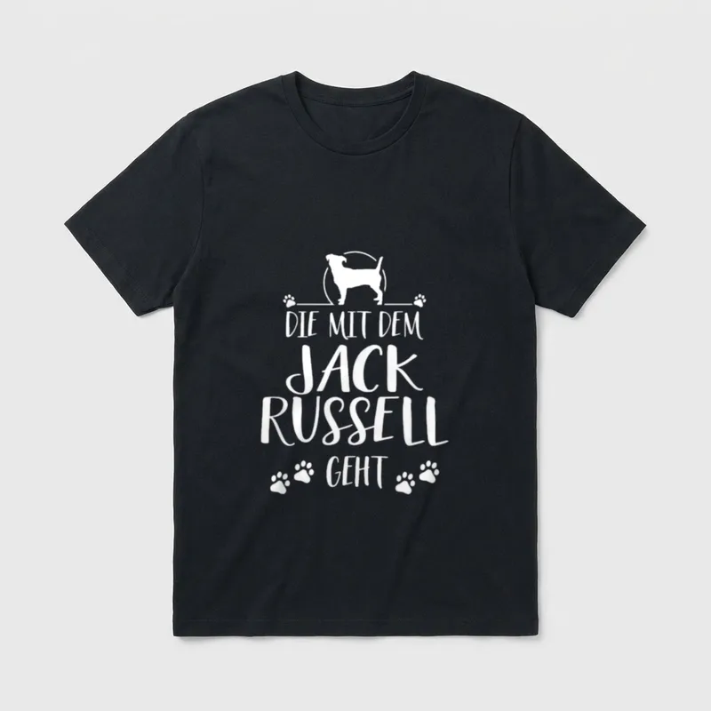Die mit dem Jack T-Shirt – Weiße Jack Russell Silhouette und Schriftzug mit Pfotenabdrücken – Klassisches T-Shirt in Schwarz