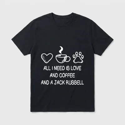 All I Need Is Love T-Shirt – Weißer Sketch mit Herz, dampfender Tasse und Pfote über Text – Klassisches T-Shirt in Schwarz