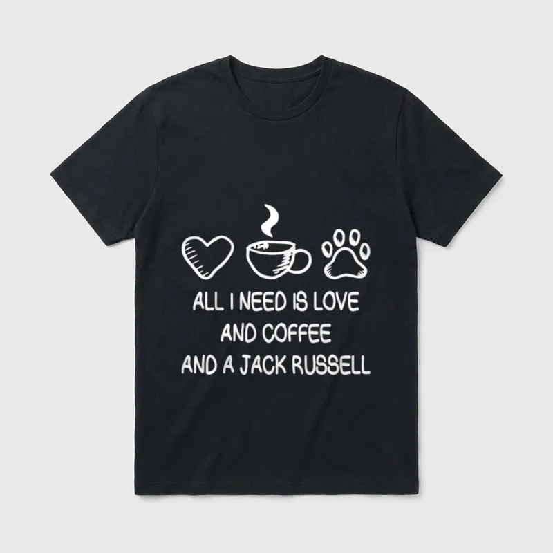 All I Need Is Love T-Shirt – Weißer Sketch mit Herz, dampfender Tasse und Pfote über Text – Klassisches T-Shirt in Schwarz