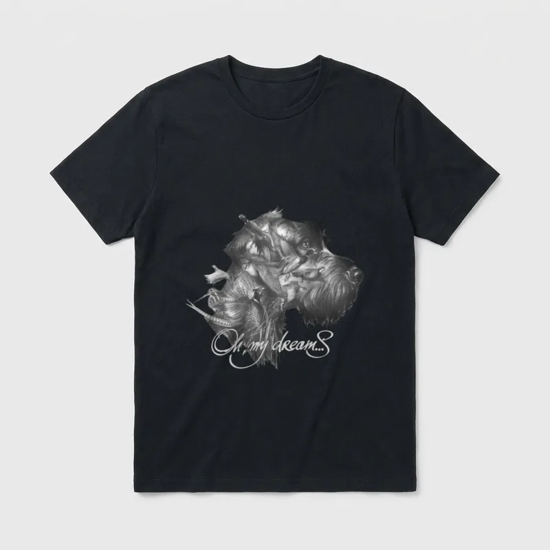 Deutsch Drahthaar Buckel T-Shirt – Hundekopf aus Jagdwild mit dem Schriftzug Oh, my dreams – Klassisches T-Shirt in Schwarz