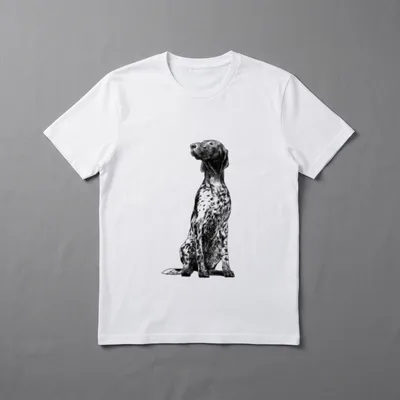 Hund Deutsch Kurzhaar T-Shirt – Sitzender, gepunkteter Jagdhund in Schwarz-Weiß-Grafik – Klassisches T-Shirt in Schwarz