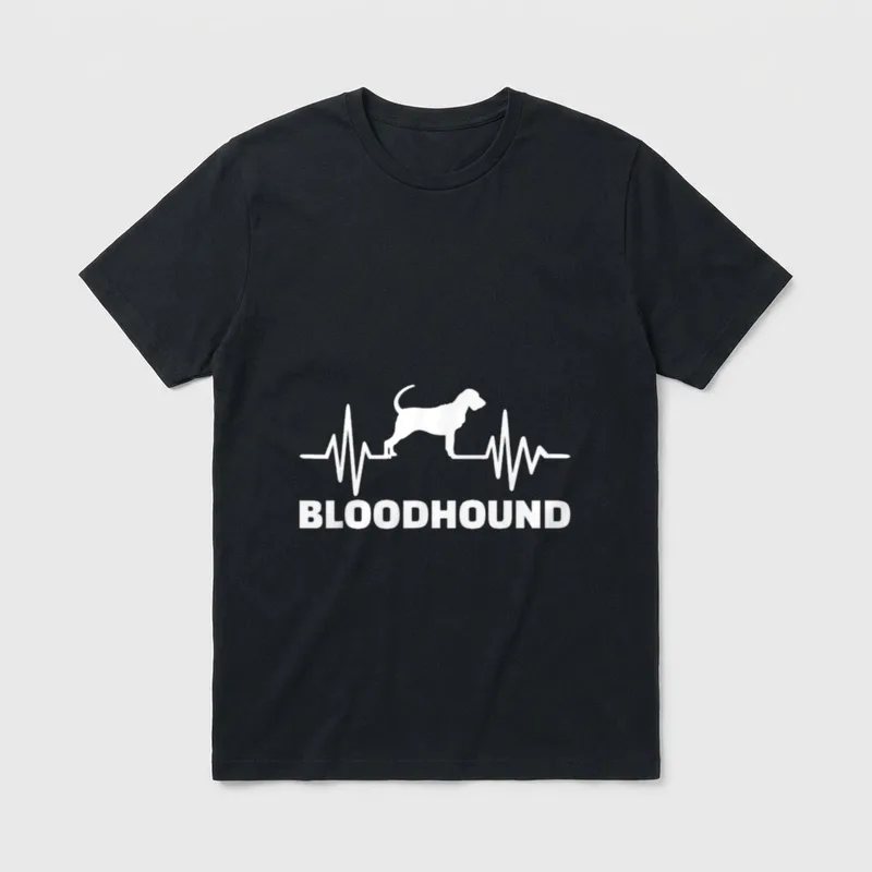 Bloodhound Puls T-Shirt – Weiße Hundesilhouette auf weißer Pulslinie mit Text BLOODHUND – Klassisches T-Shirt in Schwarz
