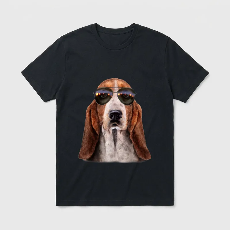 Swag Basset Hound T-Shirt – Basset Hound Kopf mit dunklen Aviator Sonnenbrille – Klassisches T-Shirt in Schwarz