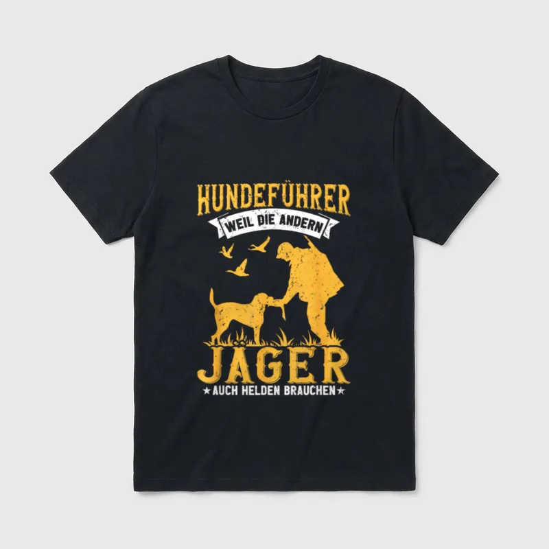 Lustig Hundeführer weil Jäger T-Shirt – Gelber Aufdruck Jäger gibt Hund die Hand mit Text – Klassisches T-Shirt in Schwarz