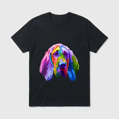 Bloodhound buntes Pop Art T-Shirt – Bunter geometrischer Bloodhound Kopf im Pop Art Stil – Klassisches T-Shirt in Schwarz