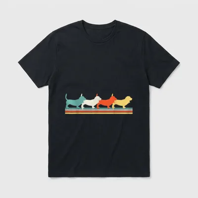 Basset T-Shirt – Vier bunte Dachshund-Silhouetten auf gestreiftem Band – Klassisches T-Shirt in Schwarz
