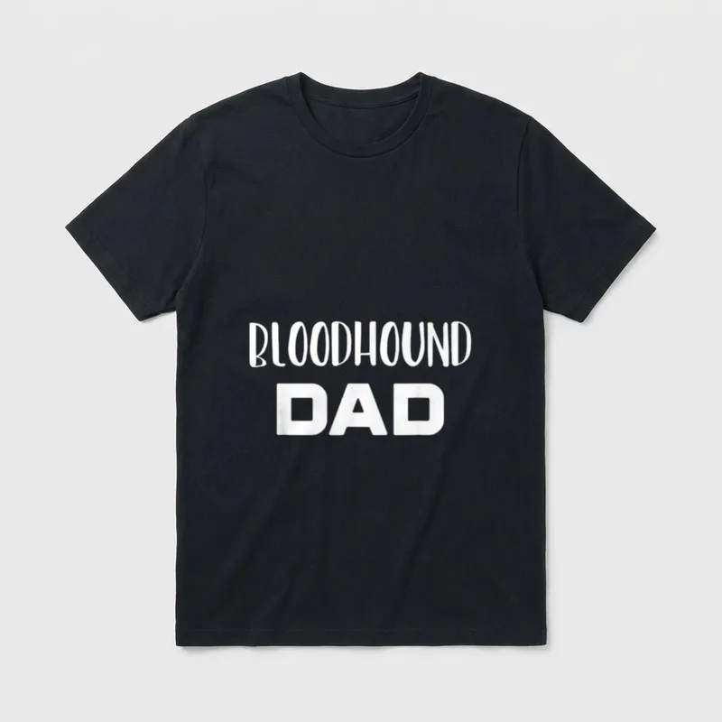 Bloodhound Dad Funny Dog T-Shirt – Weißer Schriftzug BLOODHOUND DAD auf grauem Hintergrund – Klassisches T-Shirt in Schwarz
