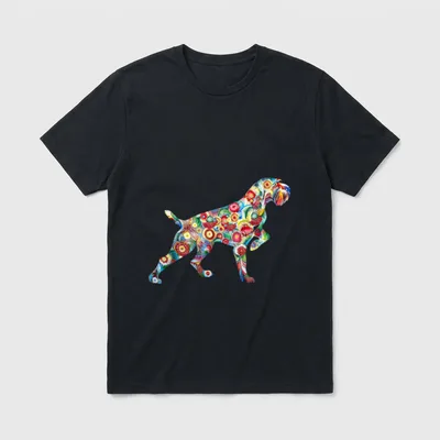 Deutsch Drahthaar T-Shirt 0275 – Bunte Hundesilhouette mit floralen Mustern und Wirbeln – Klassisches T-Shirt in Schwarz