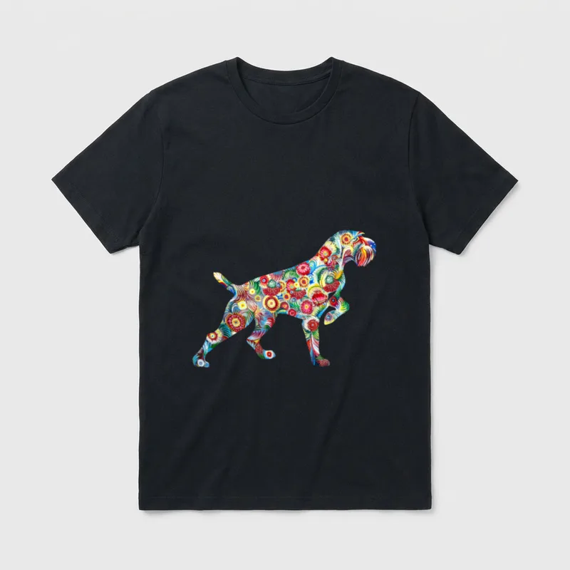 Deutsch Drahthaar T-Shirt 0275 – Bunte Hundesilhouette mit floralen Mustern und Wirbeln – Klassisches T-Shirt in Schwarz