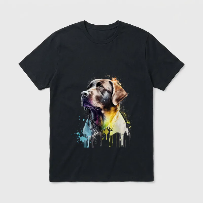 Labrador T-Shirt 0060 – Bunter artistischer Labrador-Kopf mit Farbspritzern und Tropfeffekt – Klassisches T-Shirt in Schwarz