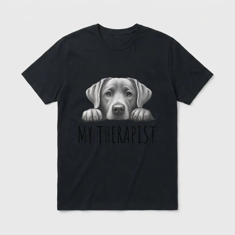 Funny Silver Labrador Dog T-Shirt – Grauer Labrador schaut über Kante mit Text My Therapist – Klassisches T-Shirt in Schwarz