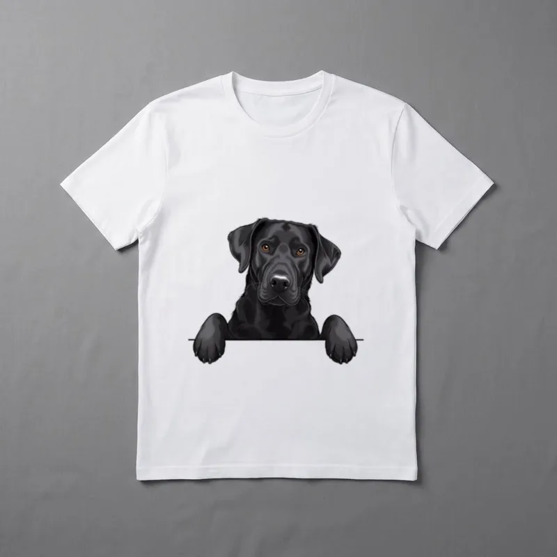 Lustiger schwarzer Labrador T-Shirt – Schwarzer Labrador schaut mit Pfoten über eine Linie – Klassisches T-Shirt in Schwarz